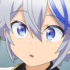 a closeup illustration of an anime boy with white hair and blue eyes. he has a surprised expression on his face. the background is a light blue.
