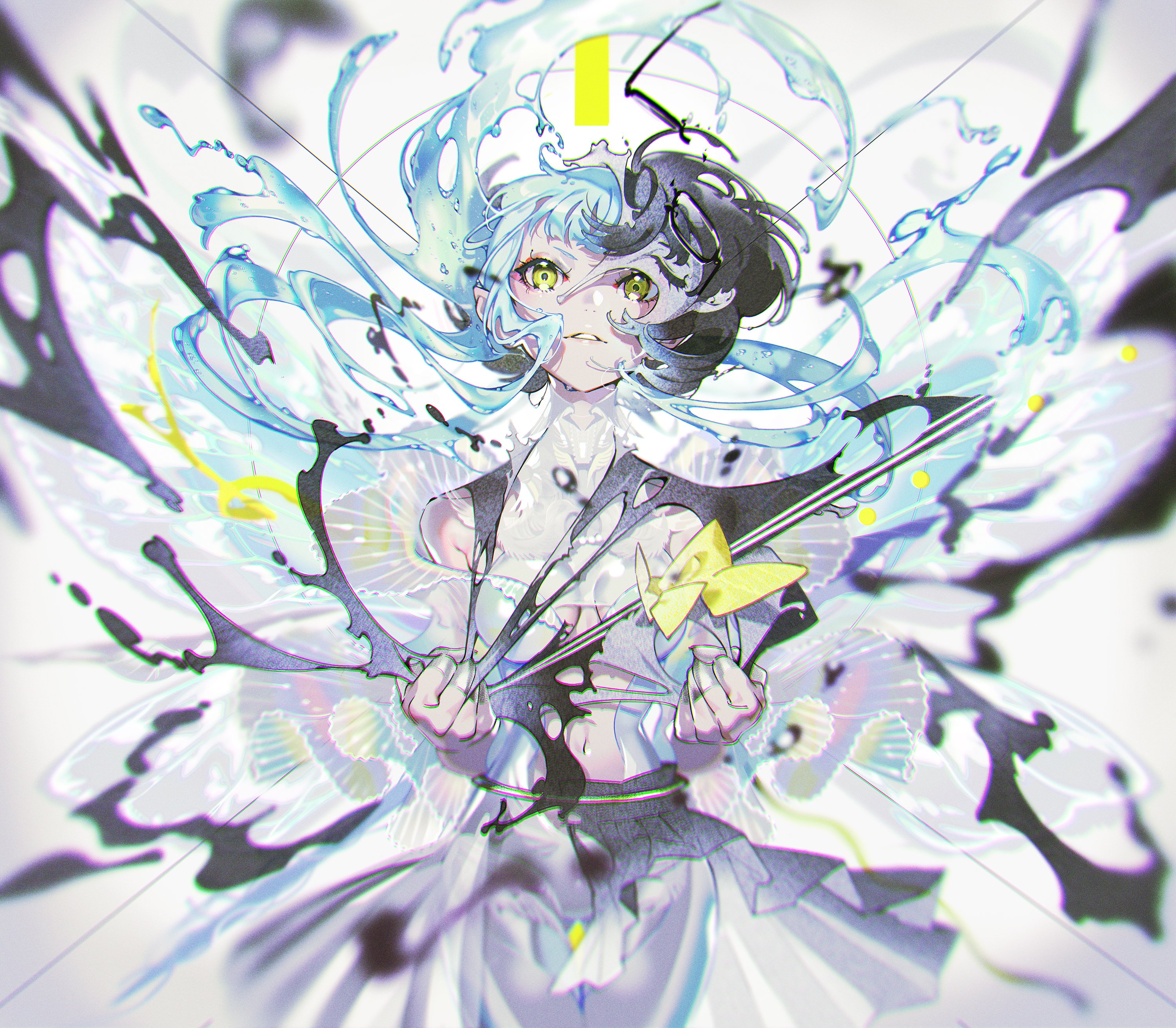 an anime girl with split blue and black hair, captivating yellow eyes, dressed in white attire, dominates the composition. she commands attention with a determined expression, ethereal butterfly wings unfurling around her, water, and ink splattered around her, adding to the dynamism of the piece.
