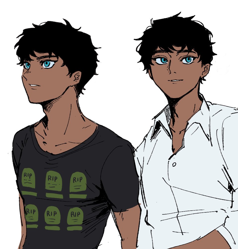 he image shows an illustration of two men, seemingly the same person in different outfits.  the man on the left is wearing a black tshirt adorned with small, repeated images of tombstones labeled "rip." he has a somewhat serious expression.  the man on the right wears a lightcolored, open collared shirt, and his expression is more relaxed.  both men have similar dark hair, brown skin, and bright blue eyes. the style is reminiscent of comic book art or graphic novel illustrations.