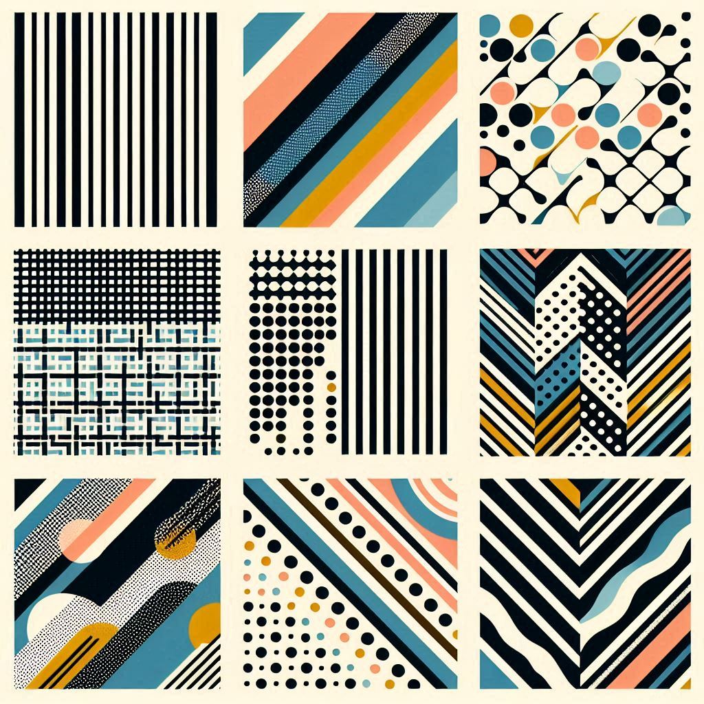the image is a collection of nine different abstract geometric patterns. the patterns are all variations on a theme, using a limited color palette of black, white, blue, yellow, and orange. the patterns are arranged in a threebythree grid, and each pattern is framed by a white border. the overall effect is one of playful sophistication.