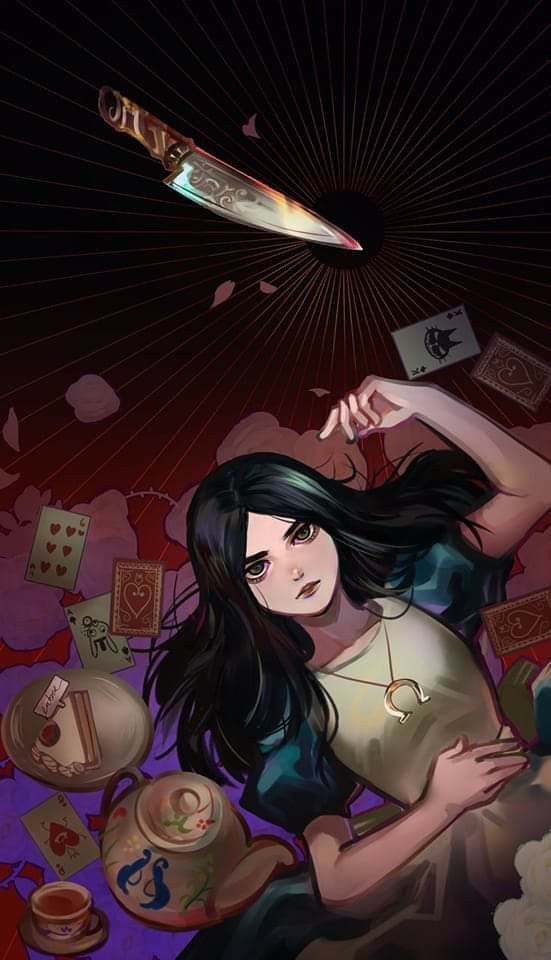 a digital illustration of alice from alice in wonderland laying on a bed of playing cards with a knife in the background. she has a long, black, wavy hair and is wearing a blue and white dress. she looks pale and slightly dazed.