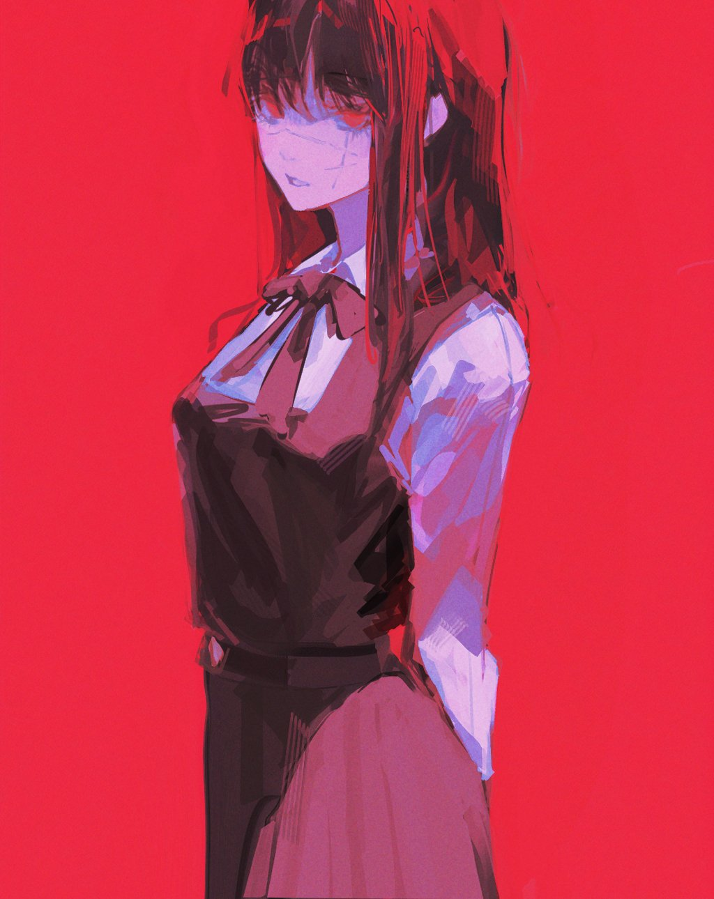 the image features a young anime girl with long dark hair. she is wearing a school uniform with a white shirt, dark brown jumper dress and a pink pleated skirt. the background is a solid red. the girl has her hands clasped in front of her and is looking down, giving her a melancholic appearance. the lighting is soft, creating a dreamy atmosphere.