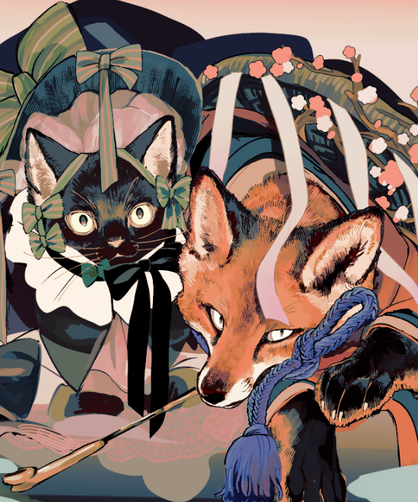 the image is a vibrant and stylized illustration featuring a black cat wearing an elaborate hat and a red fox.  the cat is dressed in what appears to be a victorianera inspired outfit, complete with a large bonnet and bows. the fox is wearing a garment reminiscent of a japanese kimono or robe. both animals are depicted with humanlike expressions and postures.  the background includes stylized cherry blossoms and flowing fabrics, creating a sense of depth and movement. the overall style blends elements of anime/manga with a more painterly approach, resulting in a whimsical and detailed piece. the color palette is rich and saturated, with strong contrasts and shading.