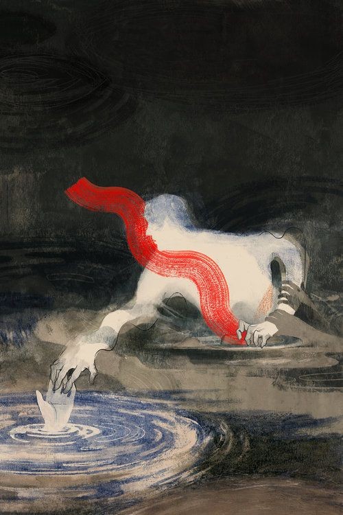 a surreal, mystical painting of a woman in red reaching her hand out to a dark, swirling pool of water. the woman is only partially visible, and her body is distorted and elongated. the painting has a dreamlike quality, and it evokes feelings of mystery and intrigue. the use of dark colors and abstract shapes creates a sense of unease and wonder.