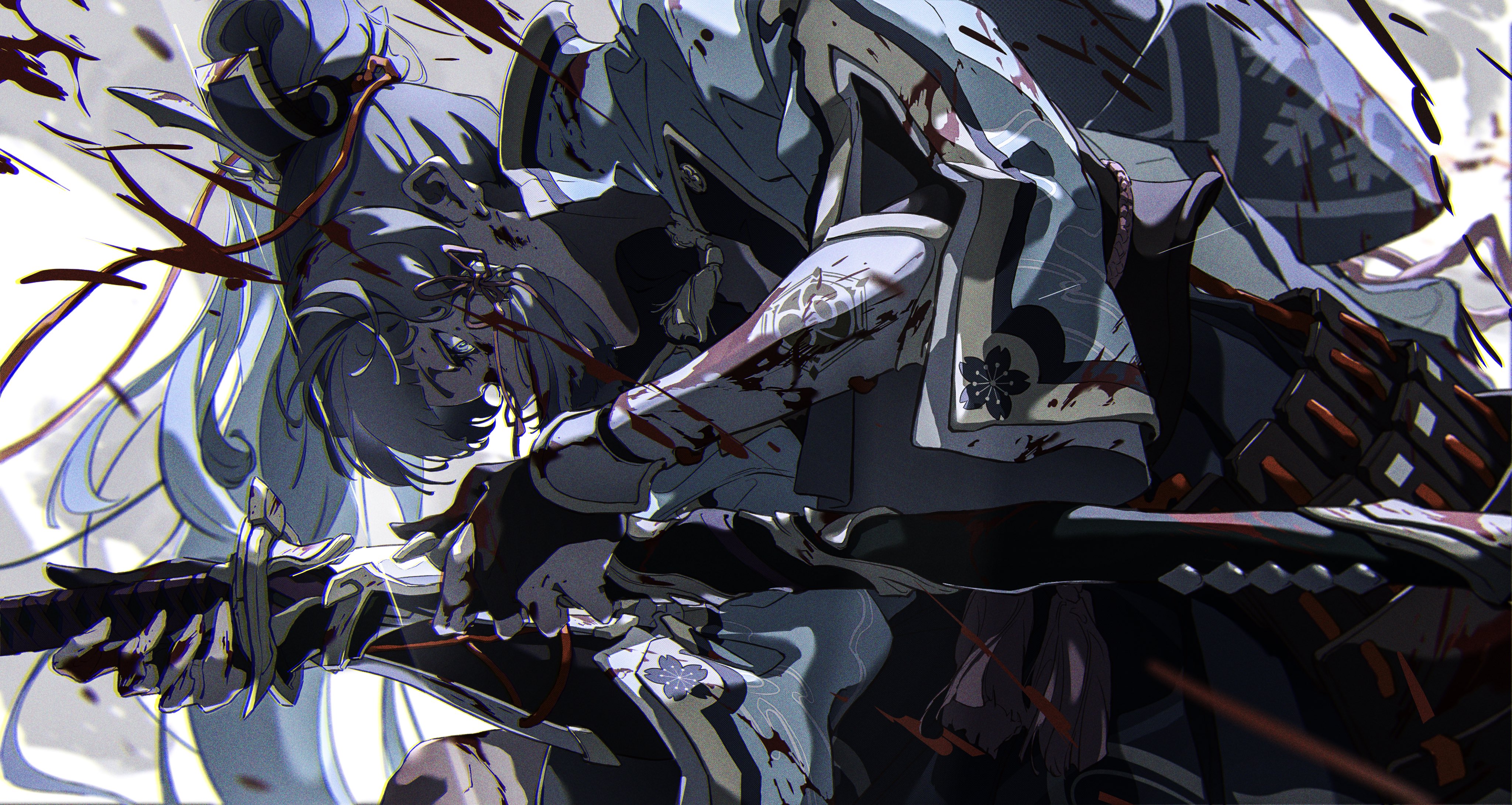 the image depicts a closeup view of ayato kamisato from genshin impact. he is holding a katana, and there are blood splatters all over his person and on the sword. he is dressed in a detailed, traditional japanese warrior outfit. the scene suggests a battle or a violent encounter. the image has a dark and intense atmosphere.