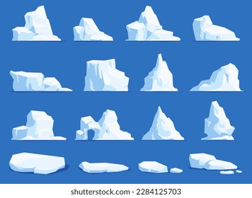 the image shows a collection of 15 different icebergs on a blue background. the icebergs vary in shape and size. some are tall and pointed, while others are low and wide. there are also some smaller pieces of ice scattered around.