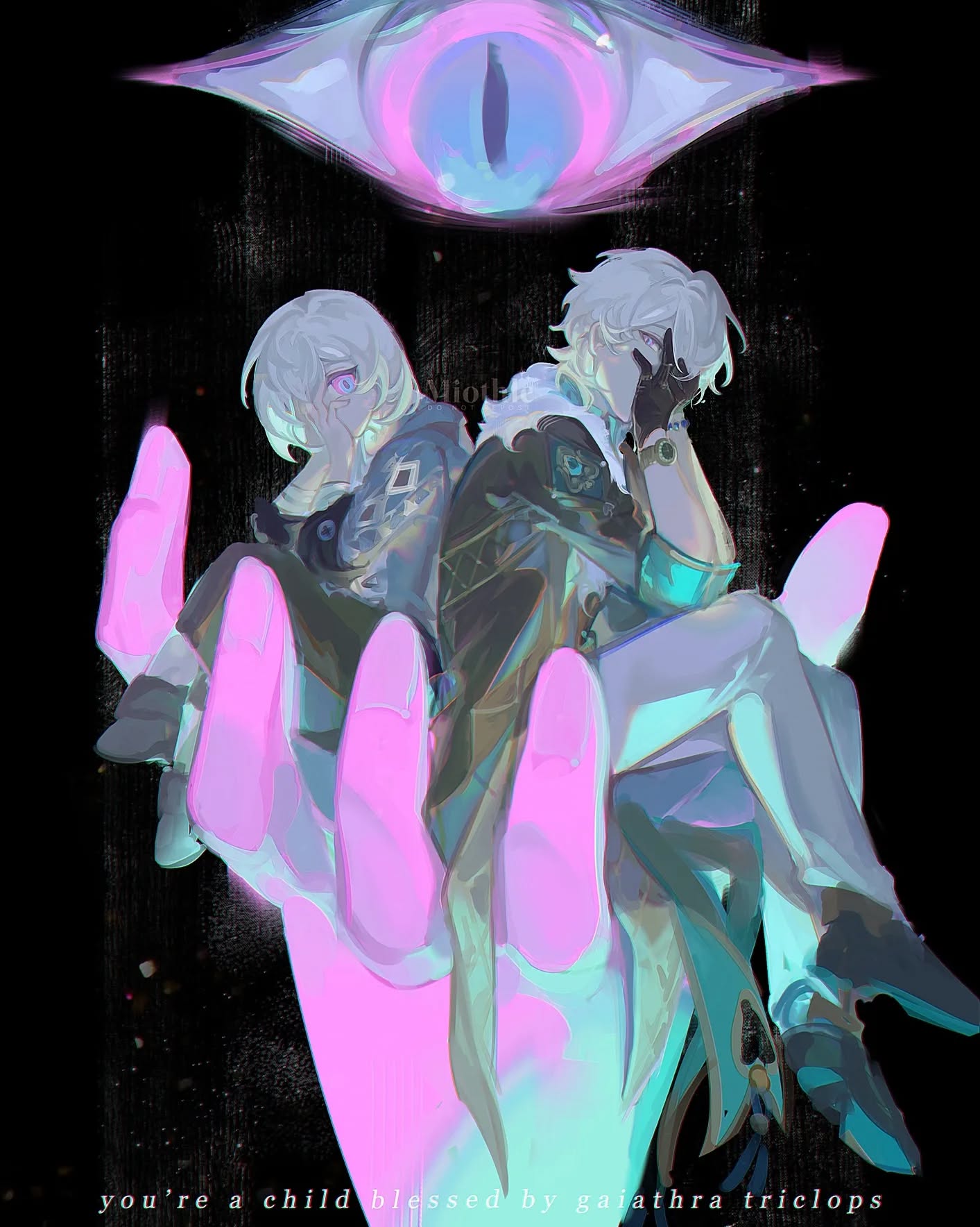 the artwork is a digital painting depicting two androgynous figures with pale skin and white hair, possibly twins or siblings, nestled in a large, glowing pink and teal hand.  they are dressed in elaborate, stylized clothing with a futuristic or fantasy aesthetic.  a giant, iridescent eye hovers above them, radiating a mysterious energy. the overall style is a blend of anime and cyberpunk influences, with vibrant neon colors creating a dreamy yet slightly unsettling atmosphere. the text at the bottom reads "you're a child blessed by gaiathra triclops," suggesting a fantastical or possibly religious context. the scene is set against a dark, almost spacelike background. the style is heavily stylized and uses a painterly approach to rendering textures and lighting.