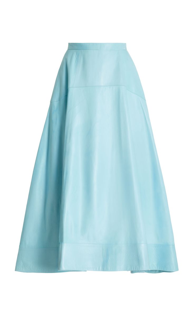 a blue leather midi skirt with a high waist and a pleated design. the skirt has an aline silhouette and is made of soft, supple leather. it is a versatile piece that can be dressed up or down, making it perfect for any occasion.  it's a classy and elegant skirt that is perfect for a night out or a casual day.