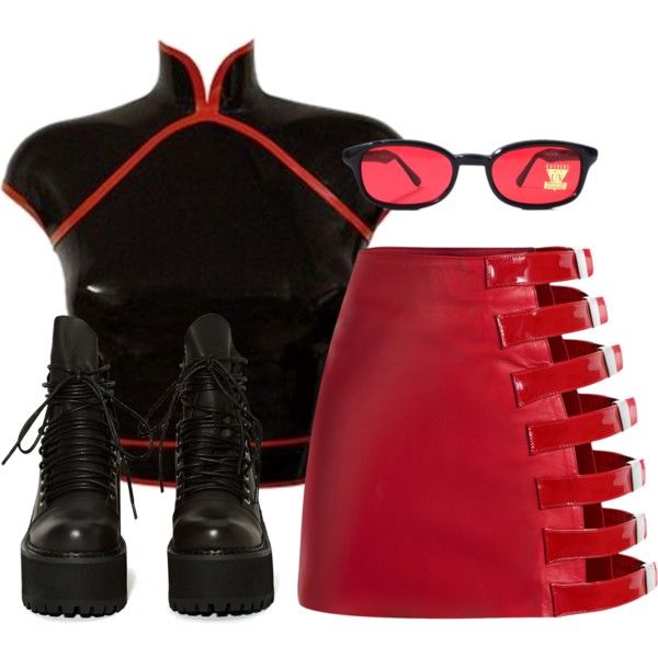 the image shows an outfit consisting of a black latex top with red trim, a red mini skirt with strap details, black platform boots, and red sunglasses.