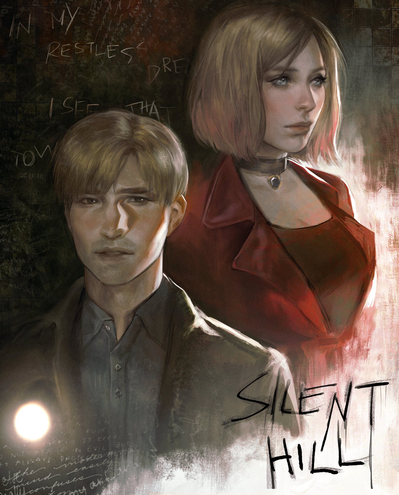 the image is a digital painting or fanart depicting harry and cheryl mason, the main characters from the video game silent hill.  harry is on the left, wearing a grey jacket, and cheryl is on the right, dressed in a red coat. they are positioned close together against a dark background featuring scribbled text that alludes to a restless dream and the town of silent hill. the artistic style is dark and atmospheric, reflecting the tone of the game, with a focus on the characters' faces and expressions. the "silent hill" title is prominently featured in the bottom right corner of the image.  the overall mood is suspenseful and slightly melancholic.