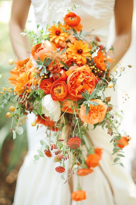 a bride in a white dress is holding a cascading bouquet of orange and white flowers. the bouquet is made up of a variety of flowers, including roses, peonies, and dahlias. the bouquet is accented with greenery. the bride is standing outside in natural light.