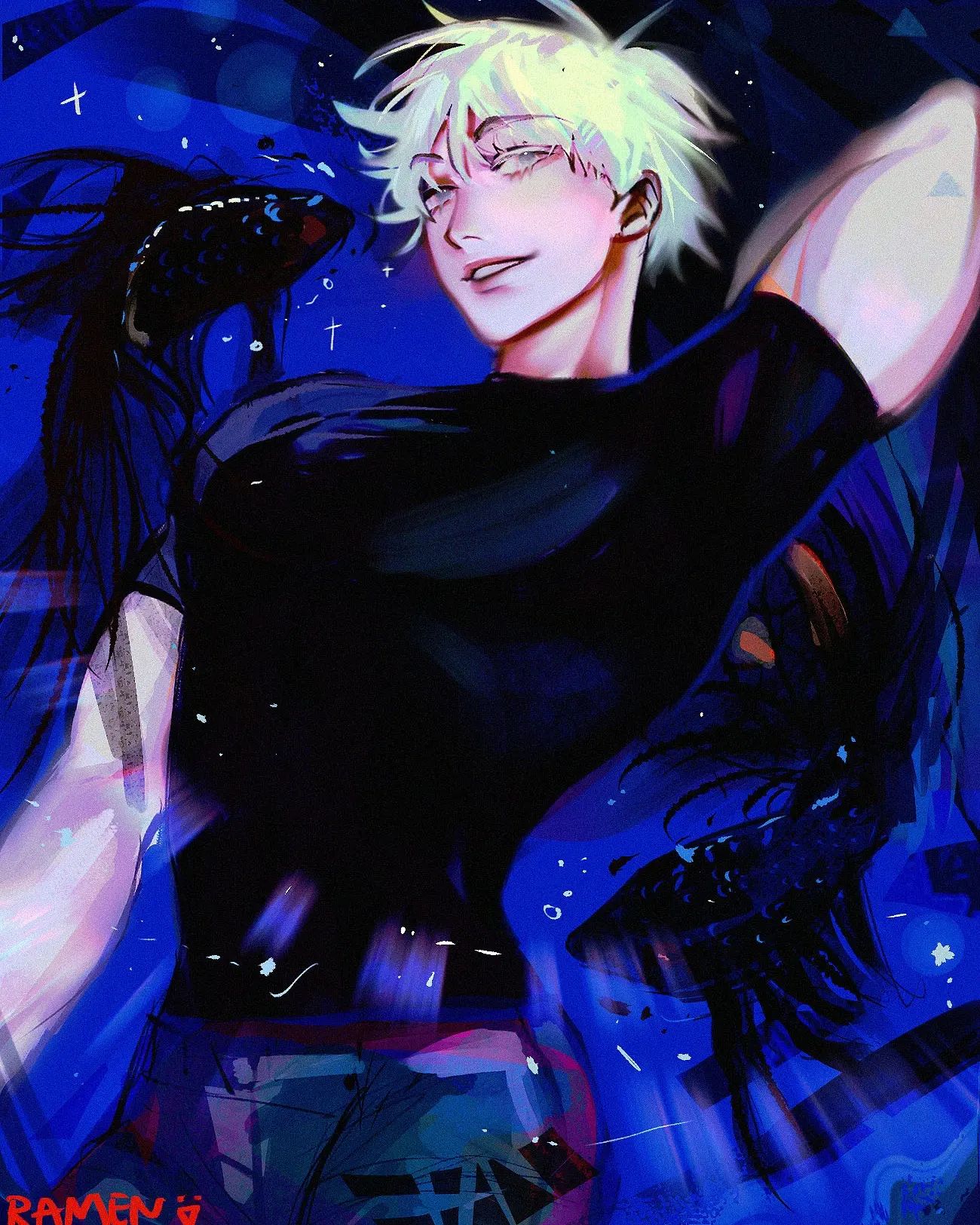 an animestyle illustration of a young man with stylized scars and white hair submerged in dark blue water. he is wearing a black tshirt and has a serene expression, with his eyes halfclosed. two large, stylized black fish with long, flowing fins swim around him, creating a sense of movement and depth. the background is a deep blue, evoking the vastness of space with scattered white dots resembling stars. the overall color palette is predominantly blue and black, with hints of white and purple. the art style is expressive and dynamic, with bold brushstrokes and a focus on movement and emotion.