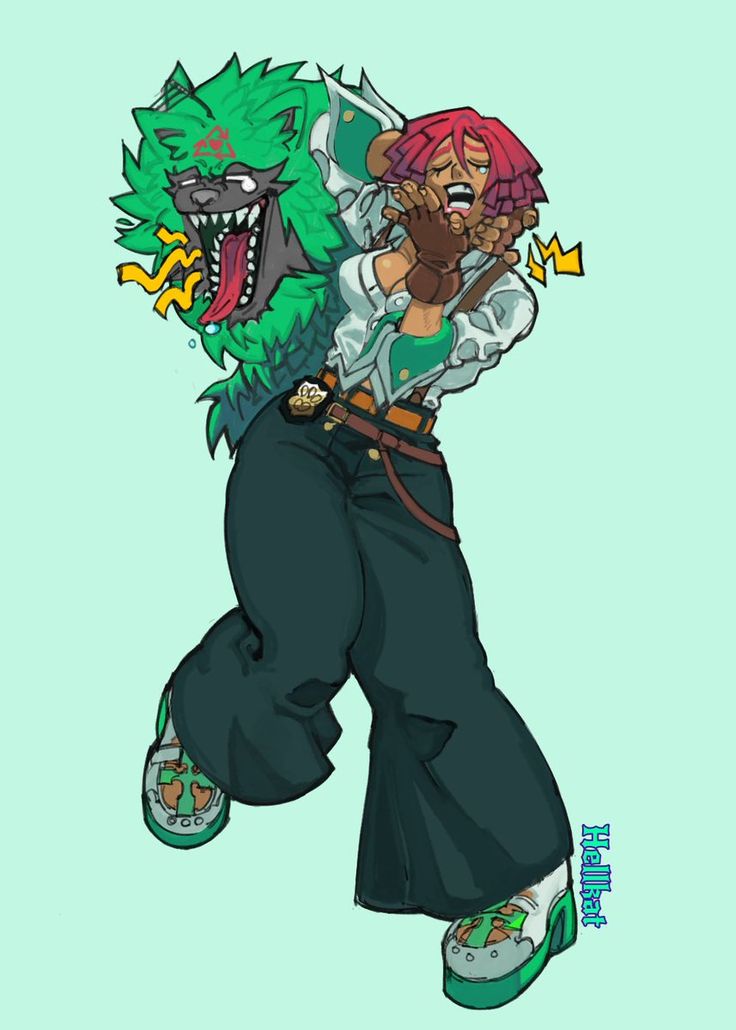 this is a cartoon style digital art drawing of a woman laughing.  she has long red hair and is wearing a white shirt, green pants, and green and white shoes.  there is a green monster behind her.  she has a shocked expression on her face and her mouth is wide open, as if she is laughing very hard.  the monster has a wide open mouth as if it is also laughing.  the art style is very cartoonish and the woman and monster have exaggerated features.  there is a green background and a signature "hellbat" in the bottom right corner.