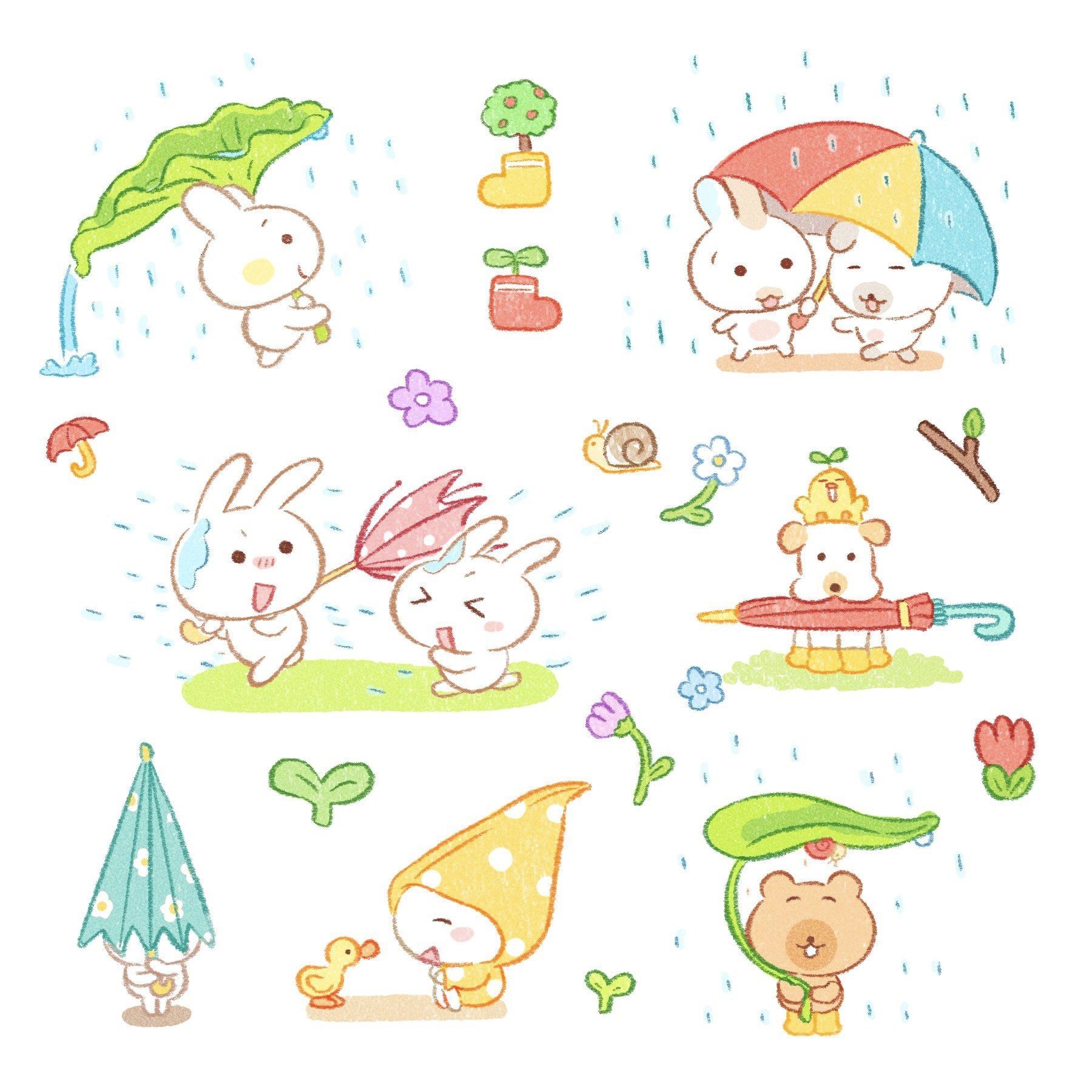 he image is a collection of cute cartoon drawings depicting various animals in a spring rain setting.  there are multiple bunnies, a dog, a bear, and a duckling. the animals are all depicted with simple, round features and pastel colors, giving them a soft and friendly look.  many are using different types of umbrellas to shield themselves from the rain, some using large leaves as umbrellas. the background includes flowers, plants, snails, and rain drops. the overall style is whimsical and childish, reminiscent of kawaii art.