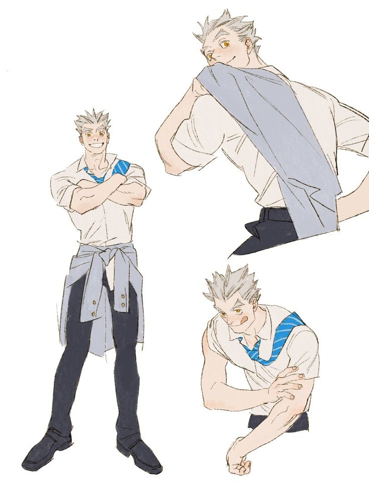 the image shows an anime character with white hair and blue eyes. they are depicted in three different poses. in the first pose, they are standing with their arms crossed, wearing a white shirt with a blue stripe, black pants and a grey jacket. in the second pose, they are sitting with their legs crossed, wearing a white shirt and black pants, and a grey jacket. in the third pose, they are sitting with their arms crossed, wearing a white shirt with a blue stripe, black pants and a blue tie. the drawing is done in a manga style with a focus on detail and expression.