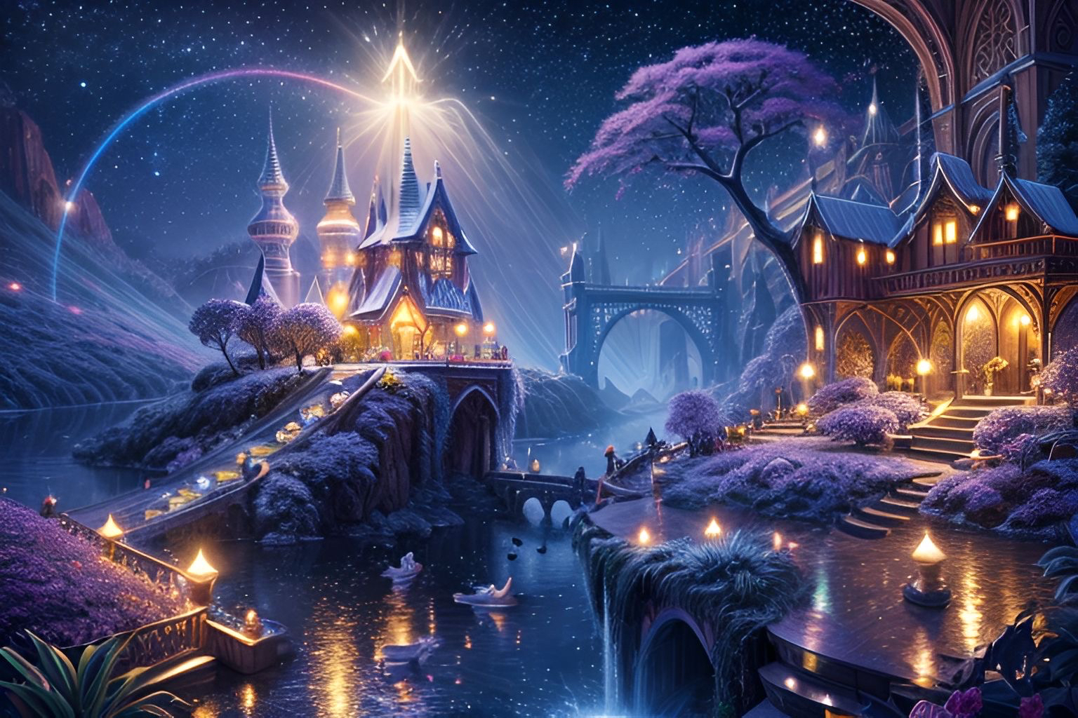 the image is of a magical town at night with glowing buildings and a bright star shining over the town. there is a rainbow in the sky and people are walking towards the central building. there is a river running through the town with bridges connecting the two sides and small boats floating on the water.  the color palette is dark blues and purples with bright white and yellow highlights.