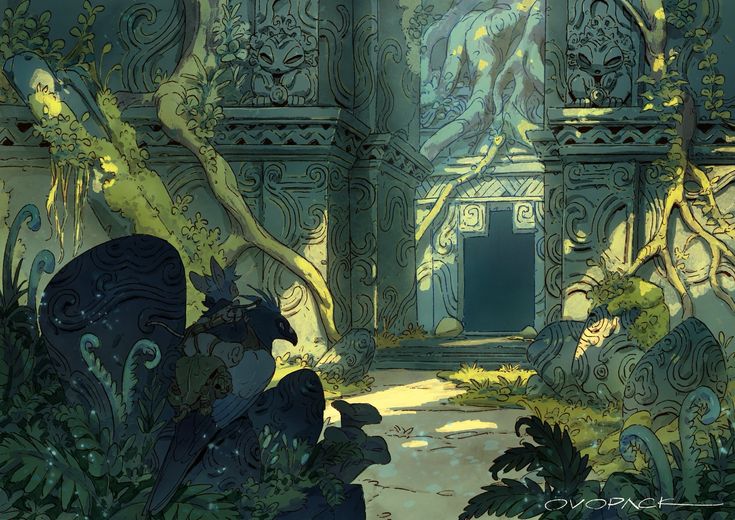 the image is a digital painting depicting a fantastical scene.  an overgrown stone temple, possibly ancient ruins, is the central focus. the temple is intricately carved with swirling patterns and features small, enigmatic stone creatures perched atop its walls. lush, vibrant jungle vegetation has taken root around and upon the structure.  a path, sunlit and clear, leads toward the dark entrance of the temple.  two figures, one appearing humanoid riding a large, dark birdlike creature, are seated near the temple, observing the scene. the overall atmosphere is peaceful yet mysterious, evoking a sense of ancient magic and wonder. the style is highly detailed and reminiscent of fantasy artwork seen in video games or books.