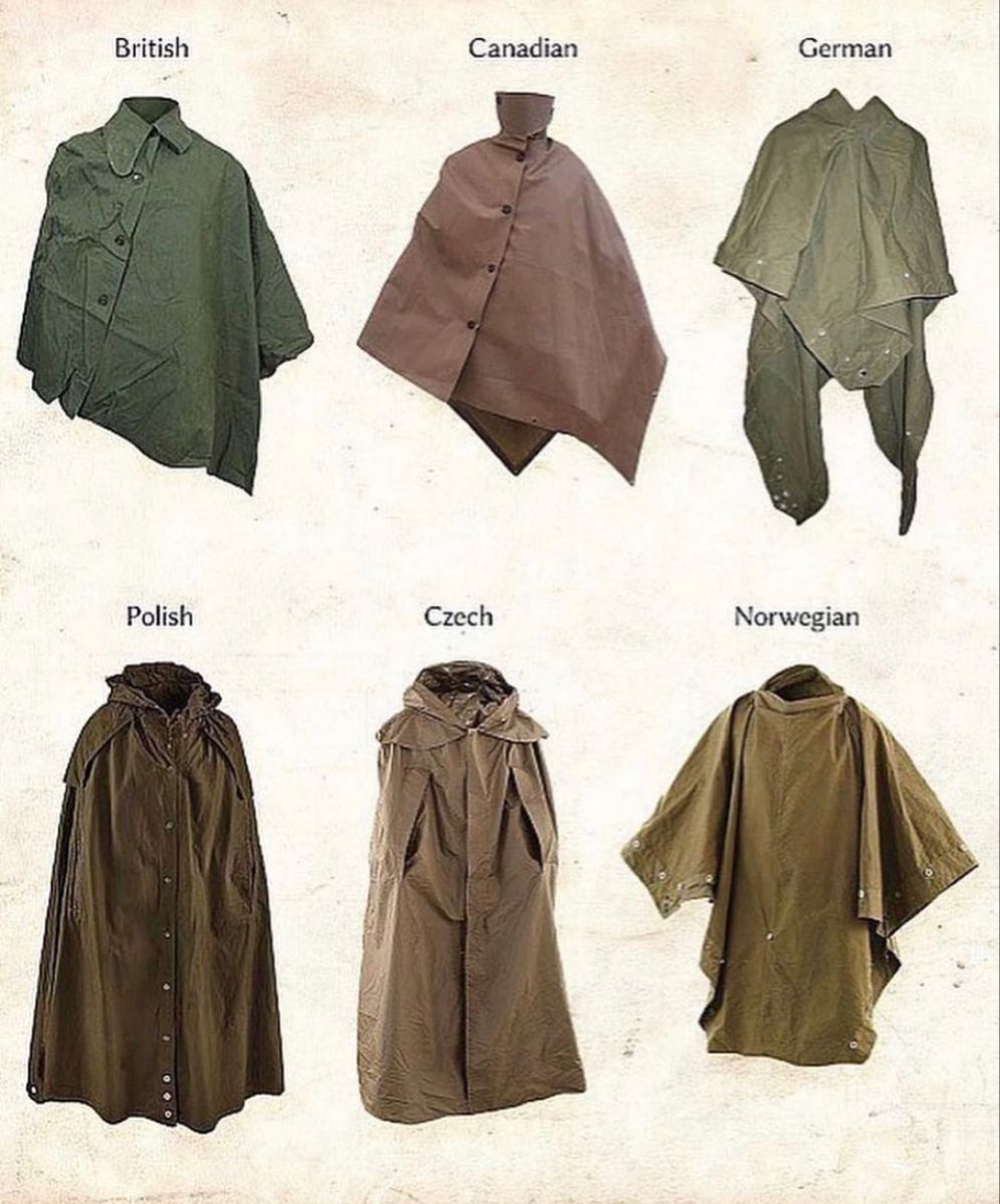 the image shows six different military ponchos from different countries. they are all made of a heavy fabric and have a hood. the ponchos are in different colors and styles. the top row of ponchos are from british, canadian and german armies, while the bottom row are from polish, czech and norwegian armies.