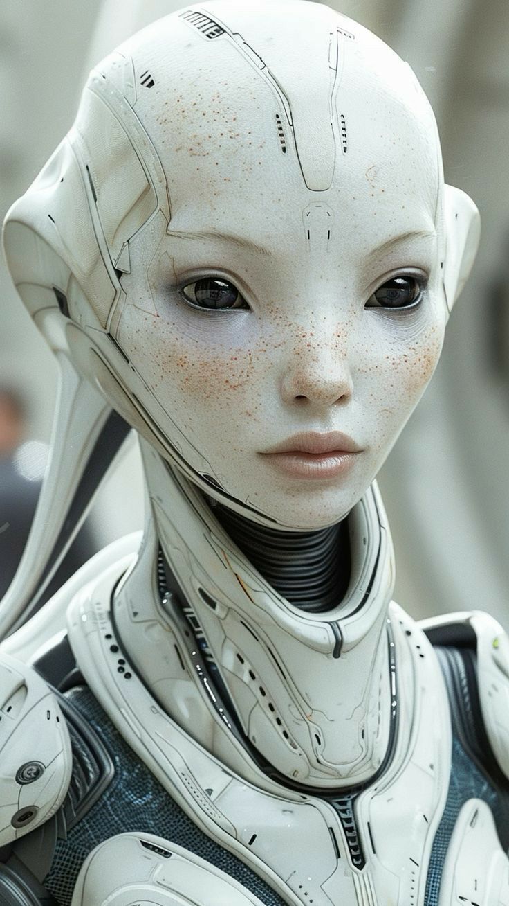 a closeup of a futuristic female android robot, its white, smooth face and neck are highlighted. the robot is equipped with a futuristic metal collar and a detailed white exterior. the robot has brown eyes, a small nose, and full lips. the image emphasizes the realistic detail and the artificial intelligence features of the android.