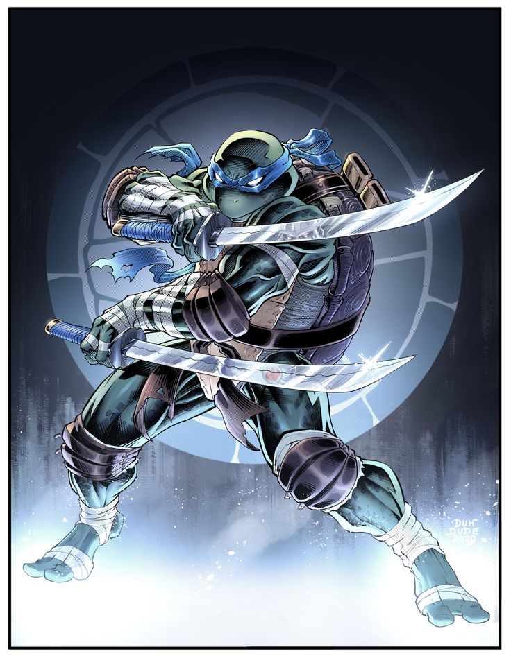 this illustration features leonardo from the teenage mutant ninja turtles in a dynamic action pose. he is wielding his katanas, a blue mask and bandana, and a green turtle shell. the background is a cool blue and grey with a circle pattern, suggestive of a ninja training ground.