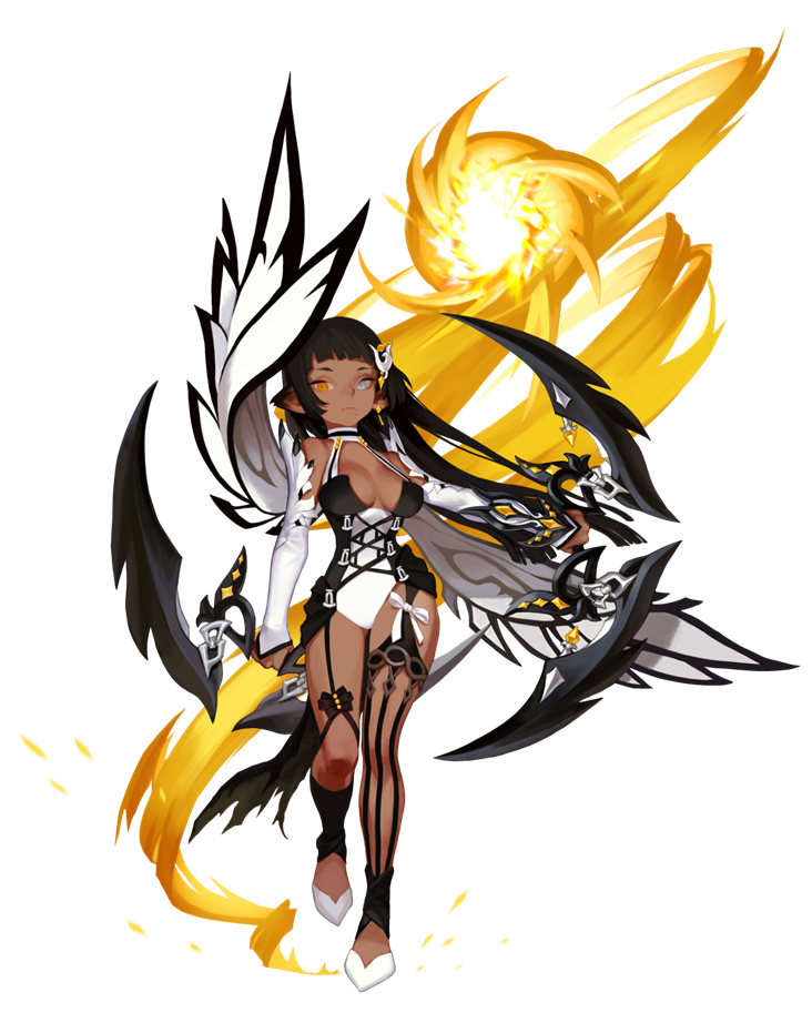 the image showcases a female warrior with dark angel wings. she's clad in a black and white outfit, wielding a black bow with golden energy swirling around it. a bright yellowgold energy vortex appears behind her, highlighting her powerful presence. her pose is dynamic, suggesting movement and action.