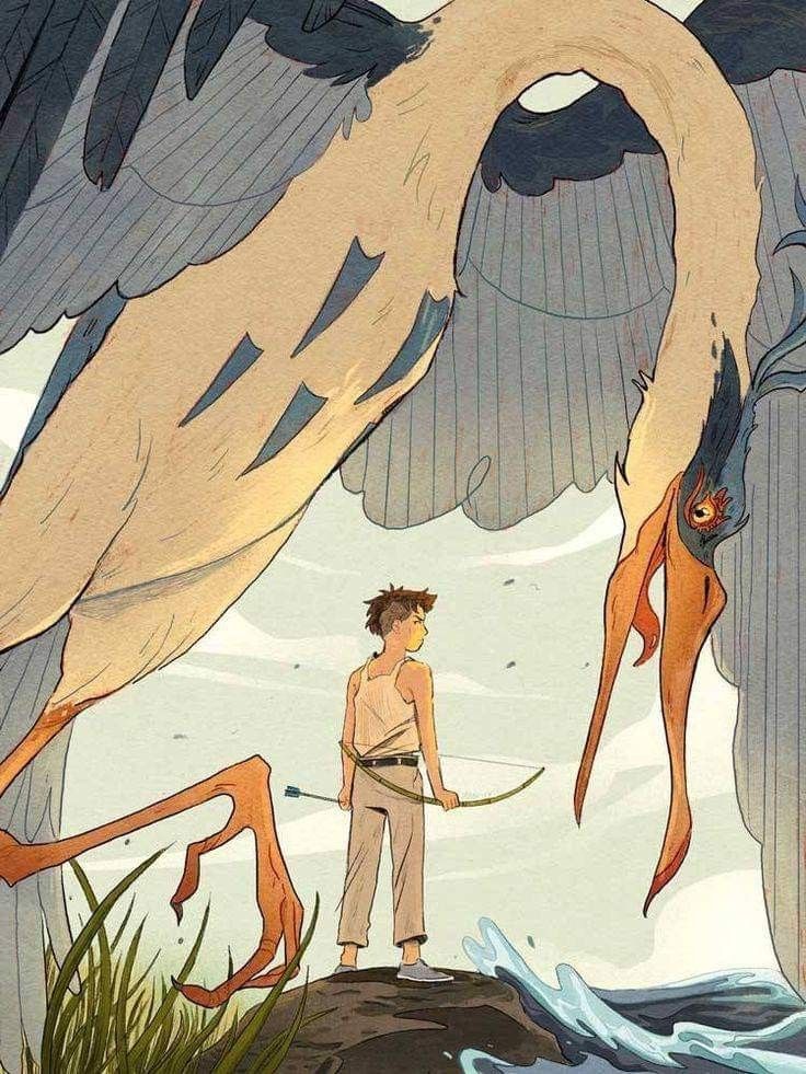 the illustration depicts a dramatic scene featuring a colossal bird, resembling a heron or crane, towering over a young boy armed with a bow and arrow. the bird is rendered with immense detail, its feathers and powerful legs suggesting both beauty and menace. the boy stands defiantly on a rocky outcrop by the water's edge, his posture indicating both apprehension and determination. the water splashes nearby, adding to the dynamic energy of the piece. the overall style is a blend of fantasy and realism, with a muted color palette emphasizing the mood of the scene.  the image evokes a sense of wonder and suspense, potentially suggesting a mythological or allegorical narrative.