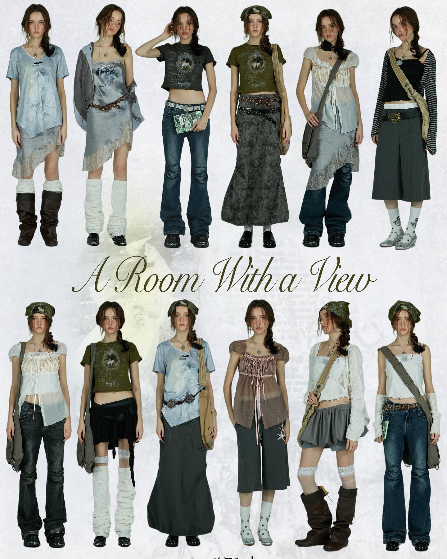 the image is a fashion collage featuring twelve different female models showcasing a variety of outfits.  each model is posed individually against a neutral background.  the styles range from grunge and bohemian to vintageinspired looks, often incorporating earthy tones and neutral colors.  several outfits feature layers, long skirts, bellbottom pants, cropped tops, and various accessories like bags, hats, and boots. the overall aesthetic is reminiscent of 90s and y2k fashion trends. the phrase "a room with a view" is written across the middle of the collage, acting as a title or theme.