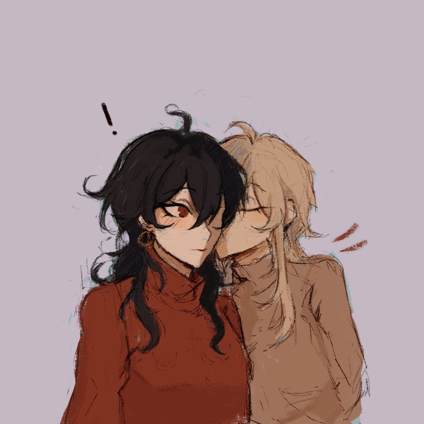the image is a digital drawing or painting in a stylized anime/manga style. it depicts two young women, one with long black hair and a red turtleneck sweater and the other with long blonde hair and a beige turtleneck sweater. they are intimately close, with the blondehaired woman leaning in and nuzzling the other's cheek.  both women have a gentle blush on their cheeks. the background is a simple, muted purplegray. the overall mood is one of affection, romance, and warmth.  the art style is somewhat sketchy and loose, with visible brushstrokes.  a small exclamation mark is present in the upper left corner.