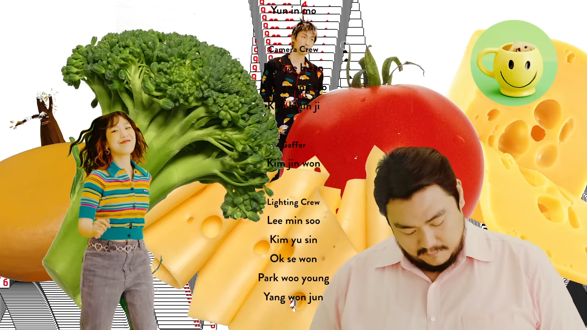 the image is a collage of people and food, with a focus on the colors yellow, green, and red. the people are all korean, and they are all wearing casual clothing. the food items are all common and recognizable. the overall effect of the image is one of fun and whimsy. ```