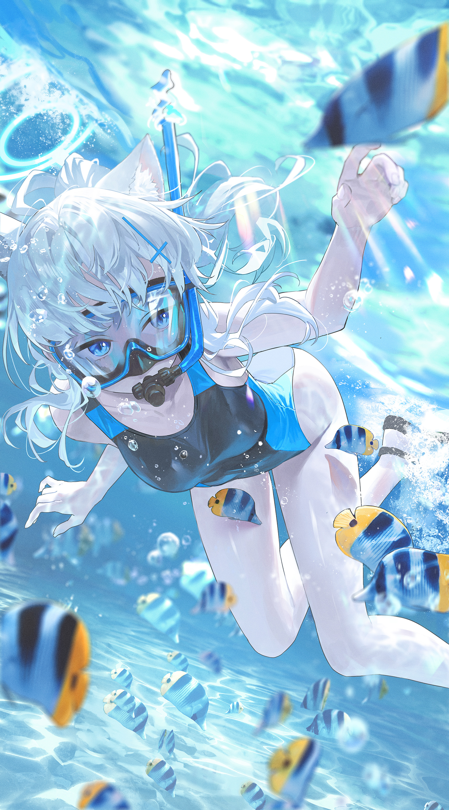 an anime girl with white hair and blue eyes is underwater, wearing a snorkel mask and a black and blue swimsuit. she's surrounded by various types of fish in a clear blue ocean.