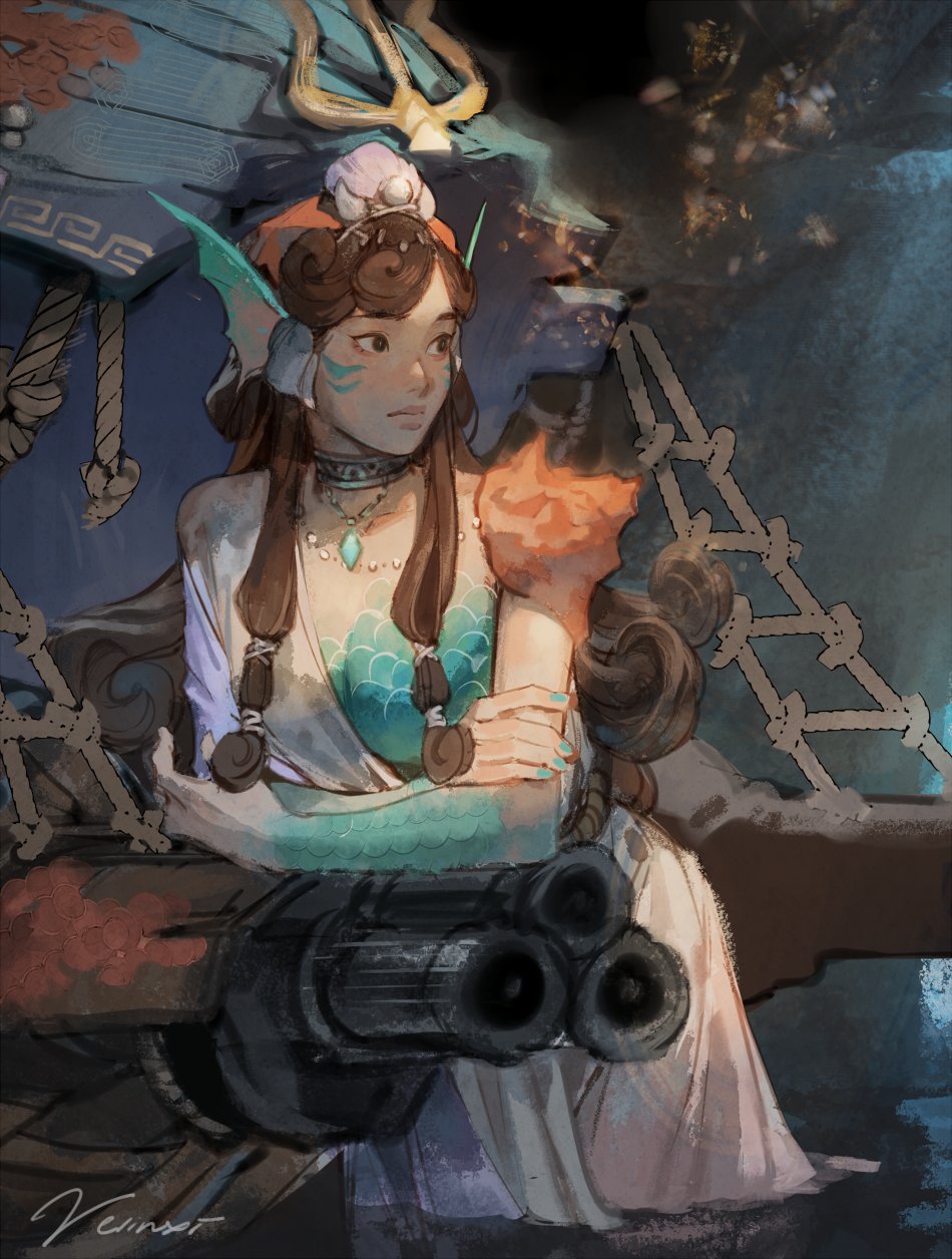 a fantasy illustration features a mermaidlike woman holding a large, triplebarreled cannon. she has light skin, brown hair styled with braids and shell adornments, and teal scales covering her torso. she wears a white gown and a necklace with a blue gem. the woman is positioned in front of nautical elements, possibly a ship's rigging or a stylized ocean backdrop.