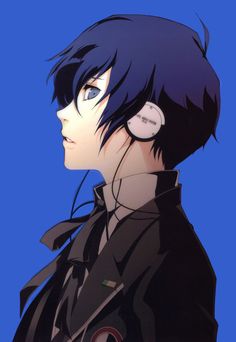 an anime boy with blue hair and blue eyes, wearing headphones and looking upwards against a blue background.