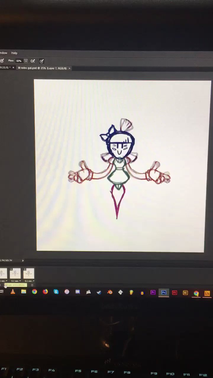 the image shows a digital drawing of a cartoon character on a computer screen. the character is drawn in black outline and has exaggerated features, including large eyes, a small body, and long arms. the character is standing with open arms.  the drawing is displayed within a digital art software interface.  the image also displays various tools and menus within the software.
