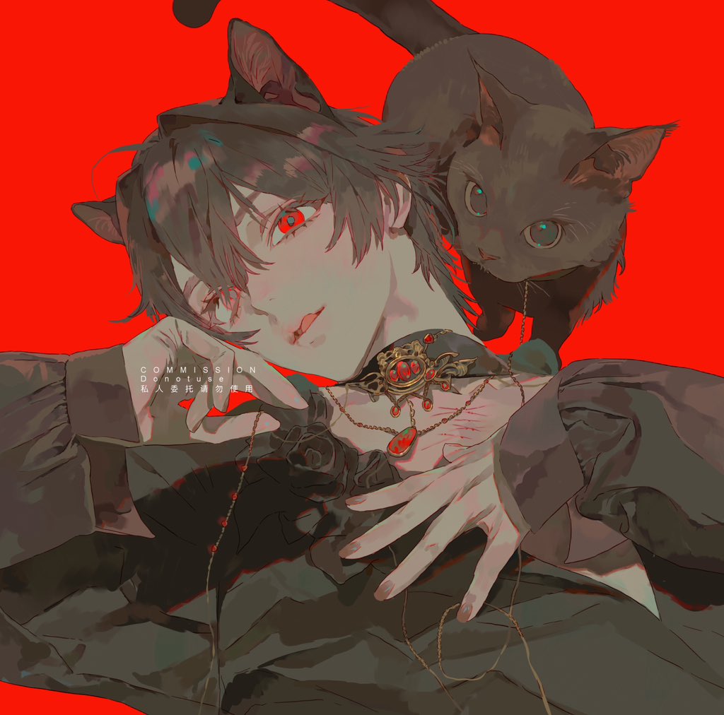 an animestyle illustration featuring a male character with dark hair, red eyes, and cat ears. he's wearing a gothicstyle outfit with a choker and jewelry. a black cat sits on his shoulder. the background is a solid red. the image includes a "commission donotuse" watermark. there are scratches on his neck.