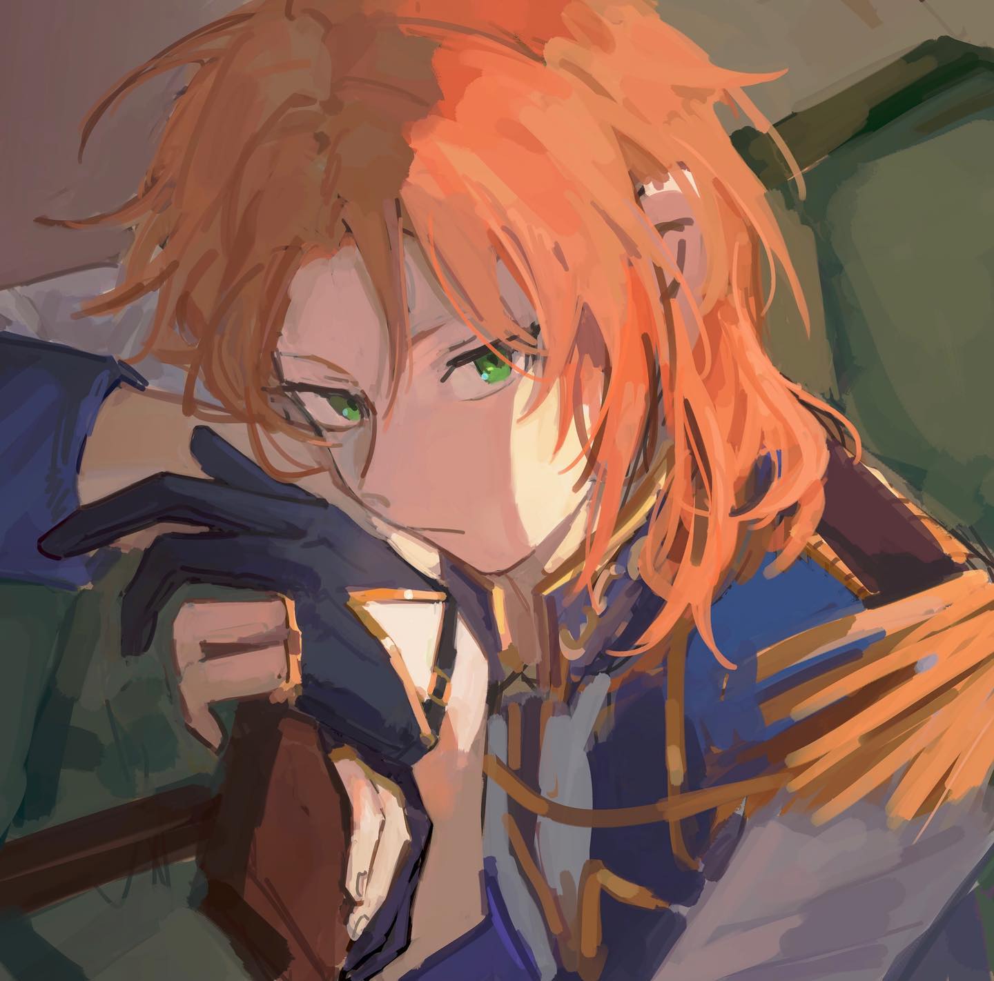 the image is a digital painting or illustration in an anime/manga style. it depicts a closeup portrait of a young man with long, vibrant orange hair and striking green eyes. he has a serious or pensive expression. he's wearing a detailed uniform with gold epaulets and dark gloves.  the art style is semirealistic with visible brushstrokes, lending a soft yet defined look. the lighting emphasizes the character's hair and features, creating a warm and somewhat dramatic mood. the background is blurred and out of focus, drawing attention to the central figure.  the overall feel is one of intensity and perhaps mystery.