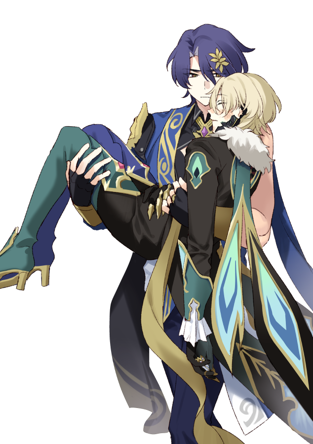a digital fanart illustration of two anime characters from the video game genshin impact. one is xiao, a tall character with blue hair and a blue and yellow outfit. the other is albedo, a shorter character with blonde hair and a black and green outfit with gold accents. they are embracing each other, with xiao carrying albedo in his arms. xiao has a loving expression on his face while albedo appears to be embarrassed.