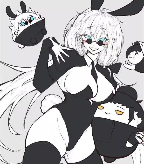 the image is a monochrome animestyle illustration. it features a central character, a girl dressed in a bunny girl outfit with long white hair and sunglasses. she's depicted in a playful pose, holding and interacting with smaller chibistyle characters. the overall style is cute and kawaii, with a focus on expressive character designs and dynamic poses.  the background is a simple gray, drawing attention to the characters in the foreground.