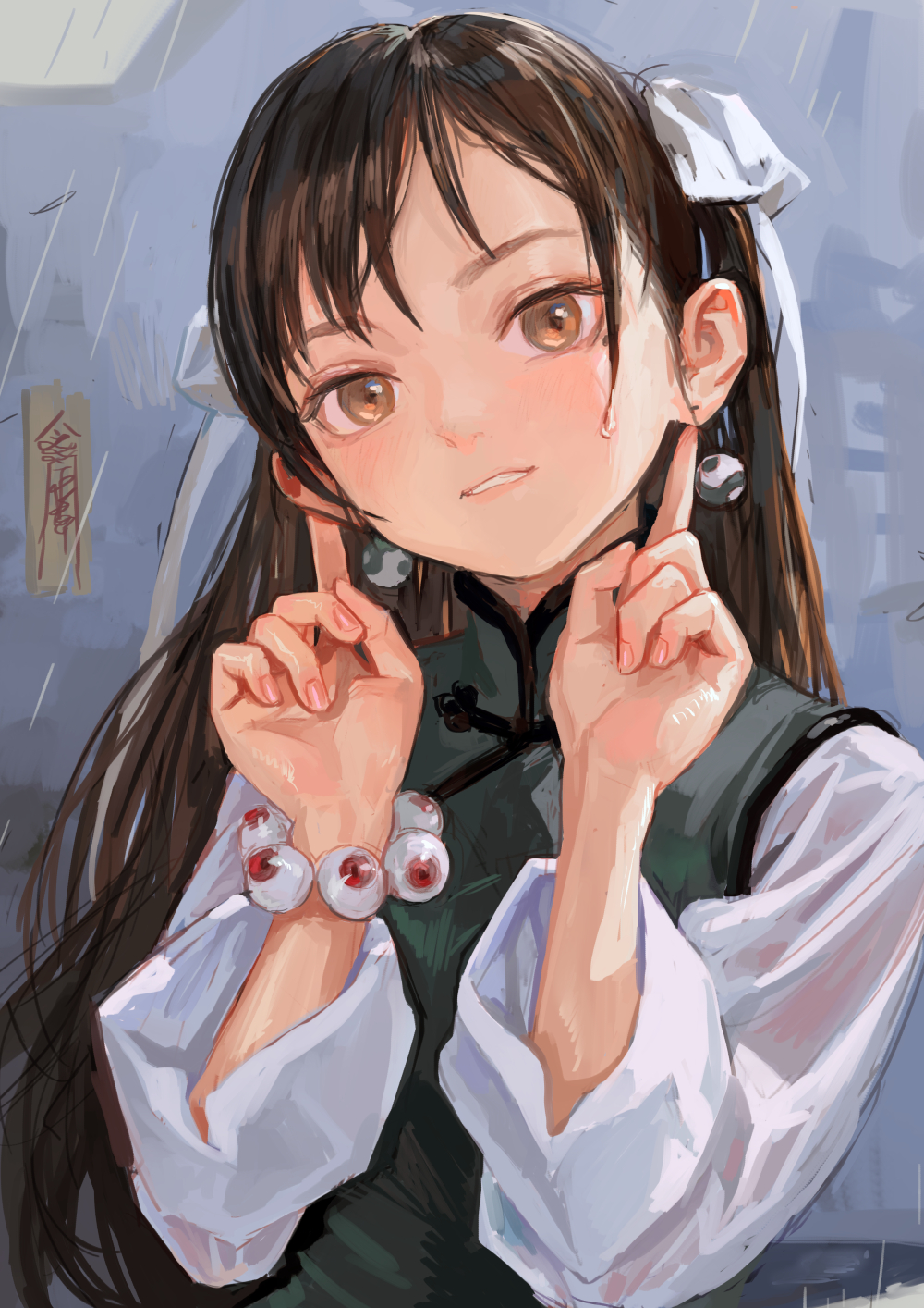 an animestyle girl with long brown hair tied with white ribbons and wearing a traditional chinese dress is shown with a cute expression, holding her fingers up near her ears. she has round earrings and is wearing a bracelet made of eyeballs. rain is falling in the background.