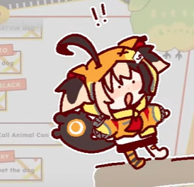 a chibi anime girl with black animal ears and an orange and yellow outfit looks surprised with her mouth wide open. she has a large black tail with a red circle on it. the background is a pale yellow with some text and a green shape in the upper right corner.  there are two black exclamation points above the girl's head.