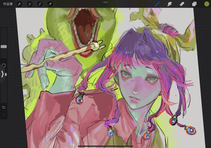 a digital illustration of a young girl with long pink and purple hair. she is wearing a pink jacket and holding a pair of chopsticks. she is looking at the viewer with a neutral expression. the background is a green and yellow monster, and the image is in a digital art style. the image is also framed on a tablet screen with toolbars and other digital art tools visible.