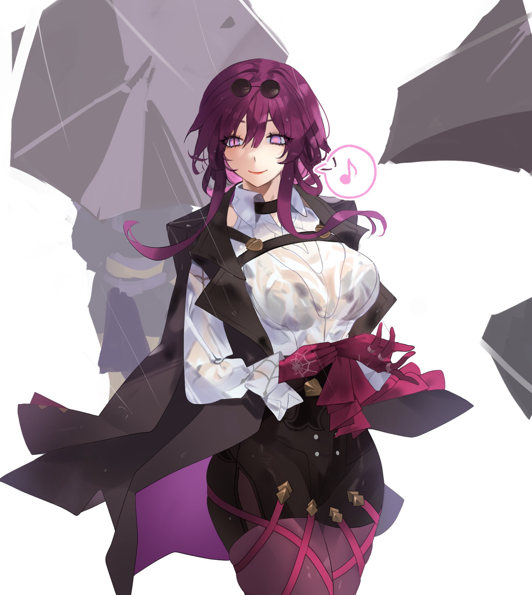 the image features a female anime character with purple hair wearing sunglasses, a long dark coat, red gloves, a white shirt, a black skirt, and red and black boots. she is standing in the rain with an umbrella above her. the background is white and features other umbrellas that appear to be raining. the image is drawn in a digital art style and features vibrant colors. the character is looking forward, and her facial expression suggests she is happy or content.