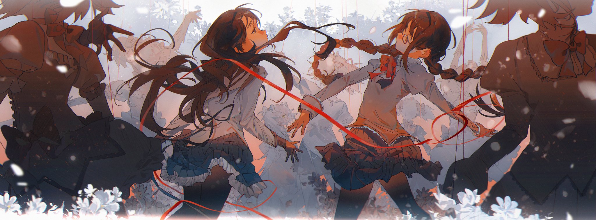 this is a digital illustration of an anime girl with long black hair, wearing a white dress and a black skirt, tied with a red ribbon and a black bow. she's standing in front of a white background with white flowers and red ribbons flying in the air.