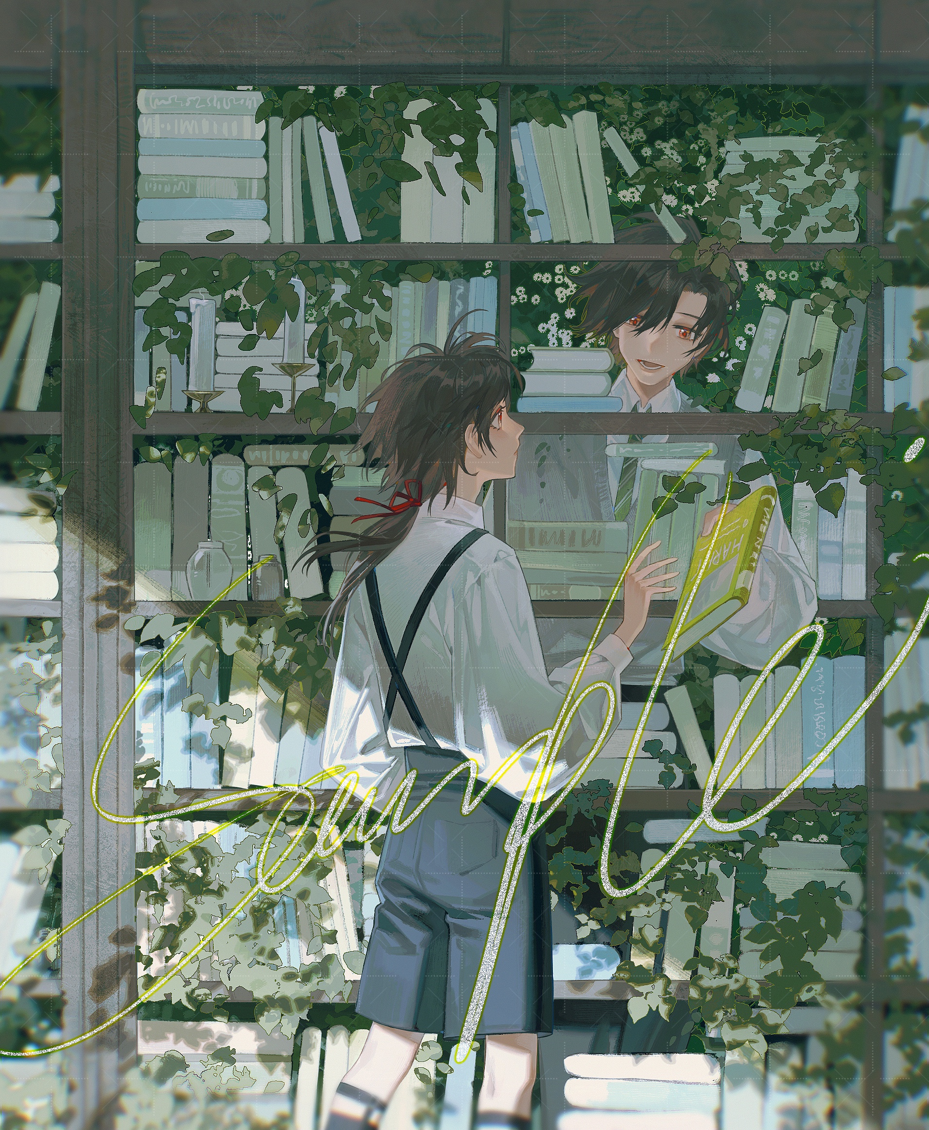 the image is an anime artwork with a young girl and a boy in the background. the boy is in a blue shirt and is looking out of a library window. he is holding a book in his hands. the girl is holding a book in her right hand and is looking at the book with a curious expression on her face. there are bookshelves in the background which are full of books, with green plants growing around the shelves. the scene is very cute and romantic. the artwork is drawn in a style that is popular with fans of anime and manga.