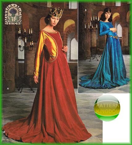 the image showcases two women wearing historical gowns. the woman on the left wears a red gown with gold sleeves and a crown, while the woman on the right wears a blue gown with a belt. both dresses are long and flowing, resembling medieval or renaissance fashion. the background appears to be a castle setting with candelabras. the image also includes logos for "pattern kingdom" and "martha mccains designs."