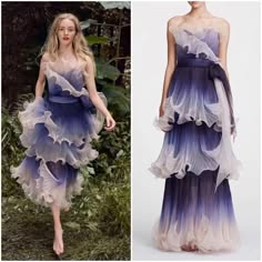 two photos of women wearing ruffled ombre dresses with a light blue and purple color scheme. the first photo is of a woman in a forest setting with a lush green background, and the second photo is of a woman in a studio setting with a white background. both dresses are multilayered and are designed with a flowing, soft material. the dresses are styled with simple, delicate jewelry. the women are posing gracefully with their hair pulled back from their faces, showing off their features and the intricate details of the dresses.
