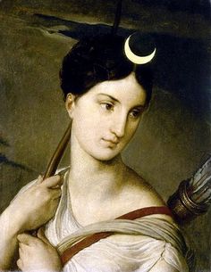 a classic portrait painting of a woman with dark hair adorned with a crescent moon. she holds a staff in her left hand and appears contemplative. her clothing is draped in a classical style, suggesting a mythological or historical figure.  the background is a soft, muted landscape, and the overall lighting is soft and natural.