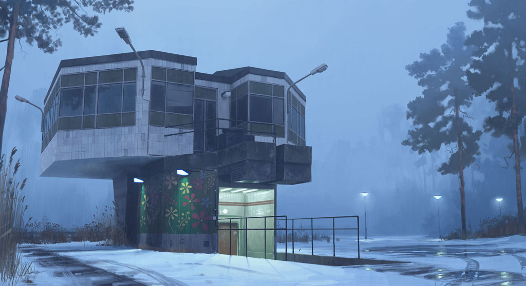 a futuristic building stands alone in a snowy, foggy forest. the building is characterized by its geometric lines and modern design, featuring a large windowed facade. the snowy ground and the hazy atmosphere create a sense of isolation and mystery, while the streetlights cast a soft, eerie glow. the image evokes a sense of solitude and wonder, suggesting a world both familiar and strange.