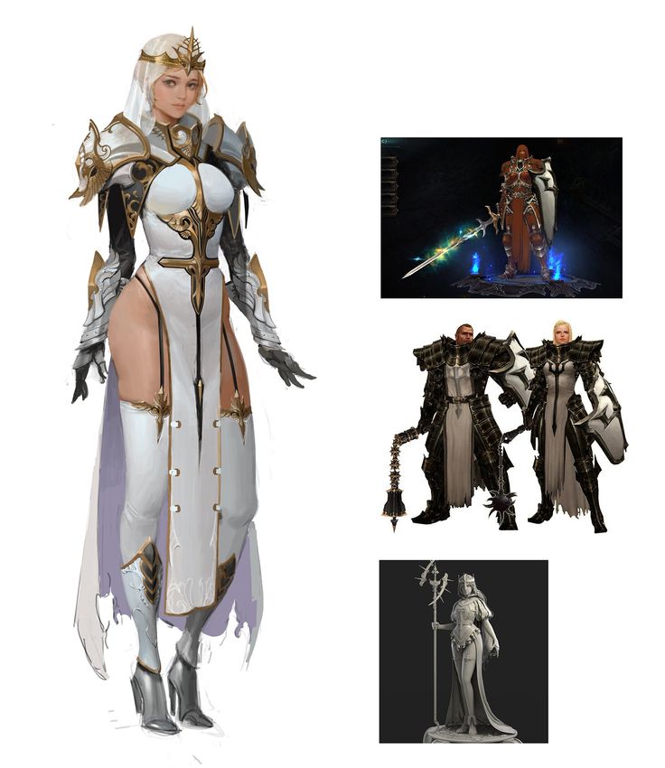 this is a digital illustration of a female knight. she is wearing white and gold armor and is holding a sword and shield. she is standing in a fighting pose. there are three other illustrations of knights in the background, two in dark armor and one in white armor. the knights are all holding weapons. this artwork is a character design for a fantasy video game or movie.