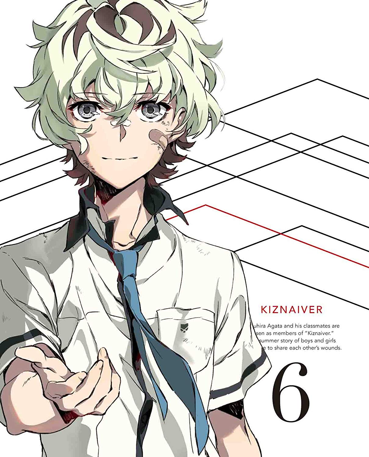 a color illustration of a boy with messy ash green hair and brown eyes. he has a bandaid below his right eye. he is wearing a white, shortsleeved dress shirt with a blue tie. he is reaching out his right hand toward the viewer. the background is white with black lines forming a box around the text "kiznaiver" and "6". there is also black text that is partially cut off that reads "hira agata and his classmates are\n en as members of "kiznaiver."\nsummer story of boys and girls\n to share each other's wounds.". the lines around the text connect to the lines around the boy.