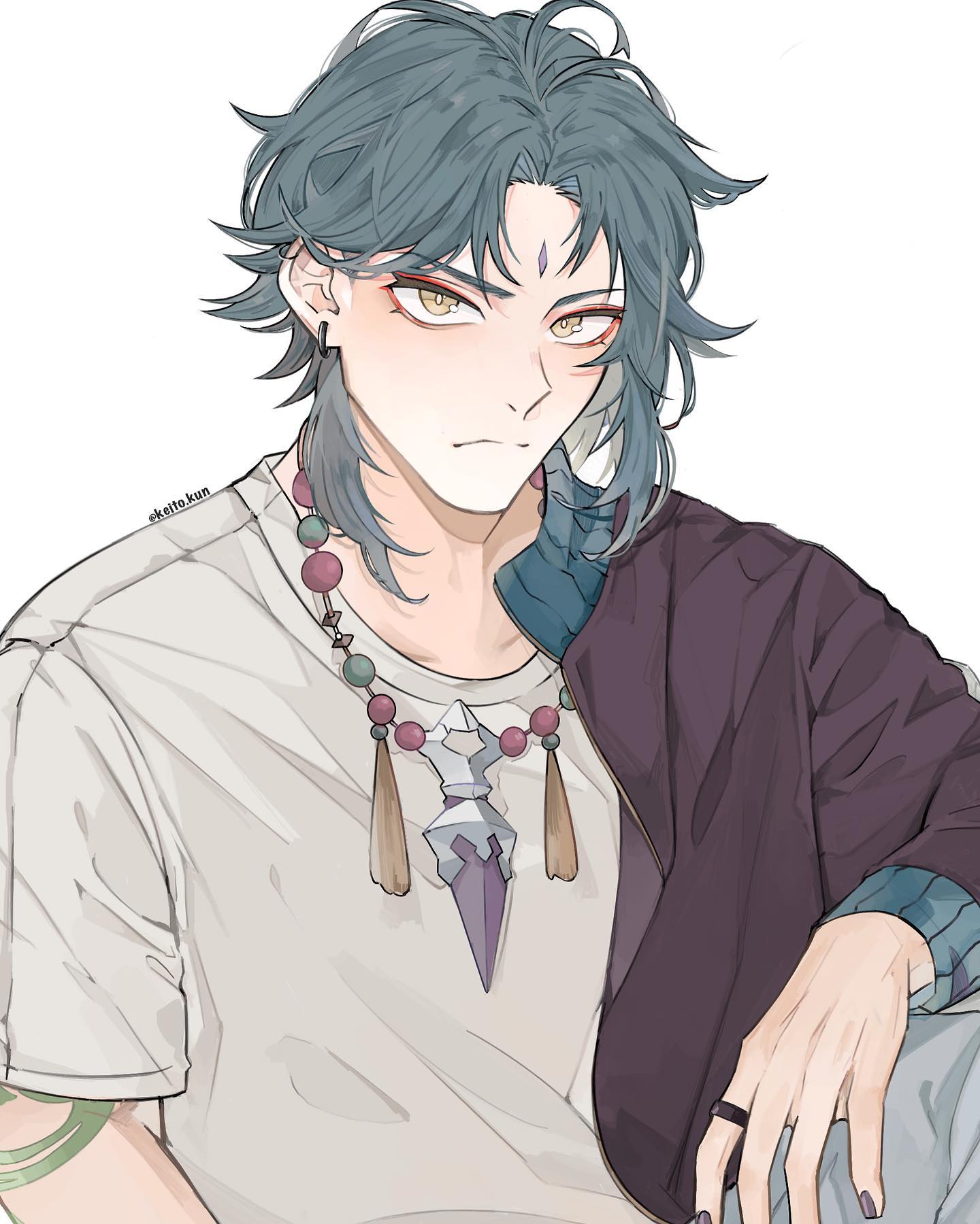 he image is a digital drawing of a young animestyle male character. he has teal hair styled in a slightly messy, mediumlength cut. his eyes are a striking yellowgold, and his expression is serious or perhaps slightly pensive. he's wearing a simple white tshirt with a unique necklace featuring a large, pointed pendant and a collection of beads. over this he sports a dark purple jacket, which appears to be loosely styled. he also has a small, dark earring and a subtle tattoo on his arm. the overall style leans toward a modern, slightly casual aesthetic, with soft shading and a muted color palette.  the background is plain white.